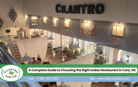 Cilantro Indian Cafe interior in Cary, NC with modern Indian decor and dining area