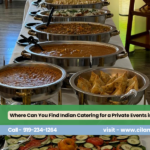 Indian catering buffet with a variety of curries, samosas, rice, and fresh vegetables for private events in Cary, NC.